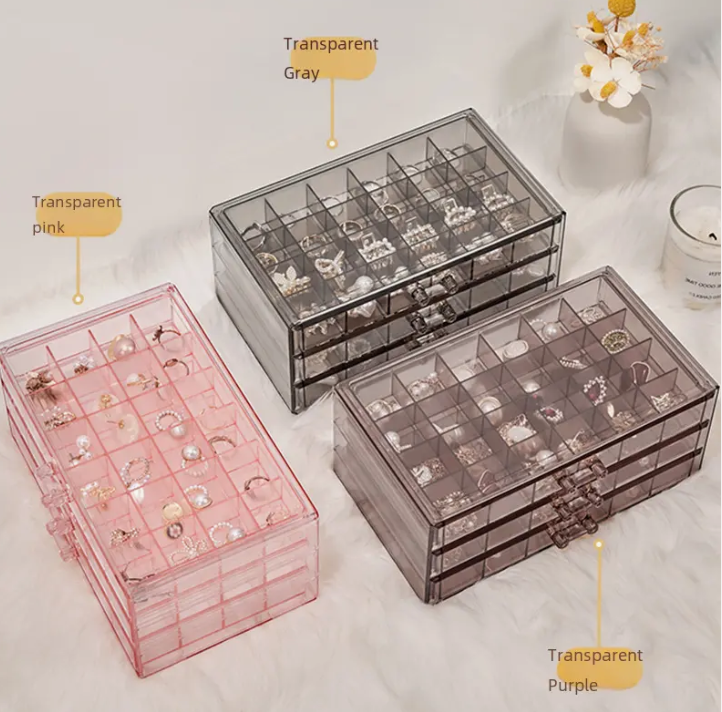 2023 New in stock jewelry storage box transparent multi-layer large capacity ring earrings necklace dresser storage Transparent black 3-layer 72 grid